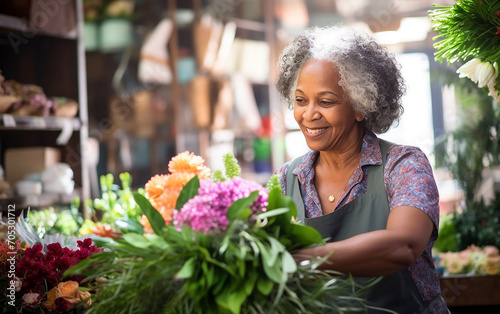 Picture of an old dark-skinned woman florist while working. © Malchevska Studio