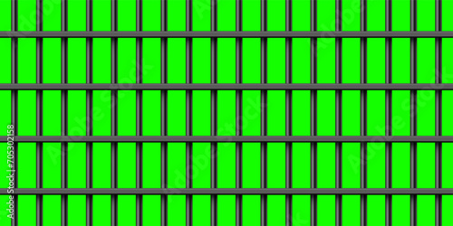Black metal prison bars on green chroma key background. Detailed jail cage, prison iron fence. Criminal background mockup. Vector illustration
