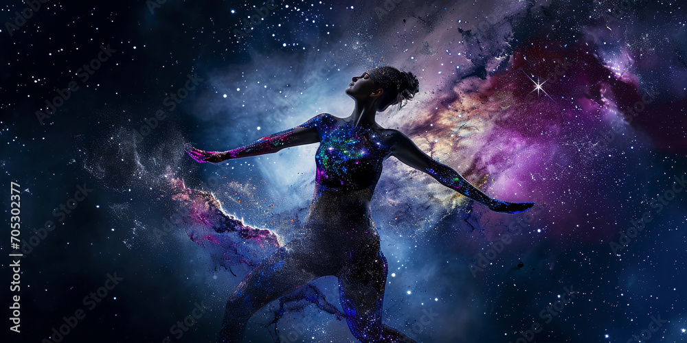Body painting of a cosmic galaxy, female model, full torso, star clusters and swirling nebulae, dark background with subtle illumination