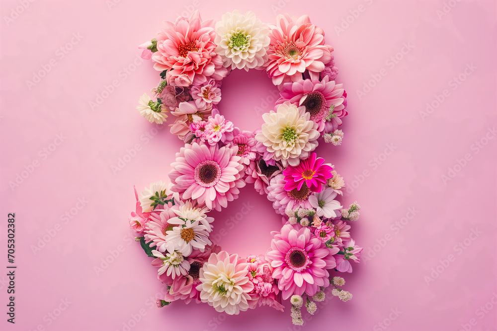 number 8 made from flowers on a pink background
