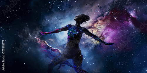 Body painting of a cosmic galaxy  female model  full torso  star clusters and swirling nebulae  dark background with subtle illumination