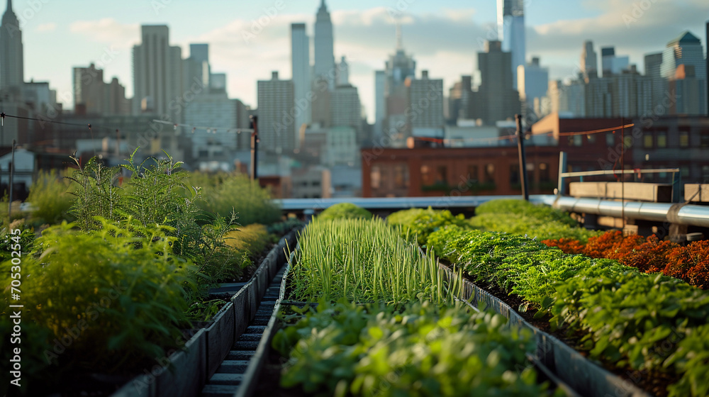 Fototapeta premium rooftop greenhouse in an urban setting, city skyline in the background, vibrant herbs and vegetables growing in hydroponic systems