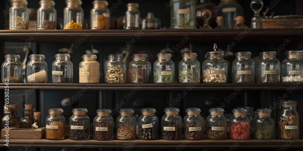 antique apothecary shelf filled with hand-labeled glass jars containing various herbs and tinctures antique apothecary shelf filled with hand-labeled glass jars containing various herbs and tinctures