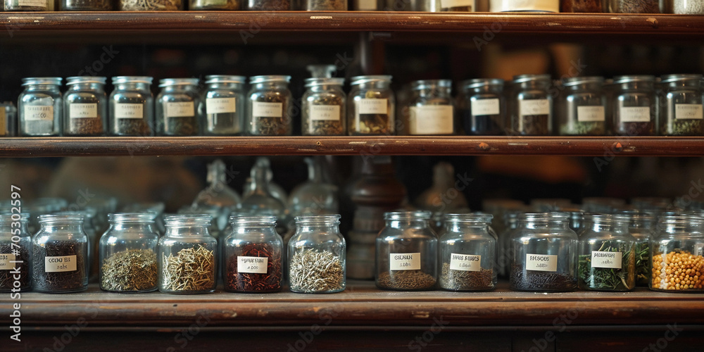 antique apothecary shelf filled with hand-labeled glass jars containing various herbs and tinctures