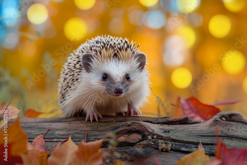 hedgehog, soft focus, sitting atop a rustic wooden log © Marco Attano