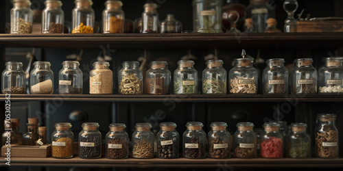 antique apothecary shelf filled with hand-labeled glass jars containing various herbs and tinctures