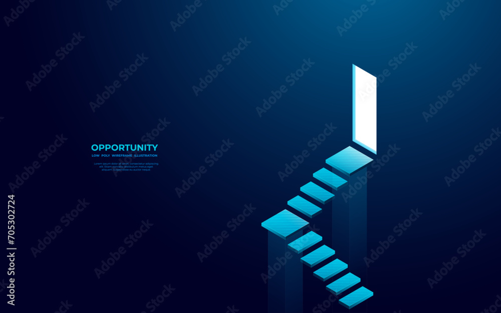Stairs and open door. Opportunity concept in futuristic light blue isometric style on technological background. Business and technology. New job or chance. Career metaphor. Digital vector illustration - obrazy, fototapety, plakaty 