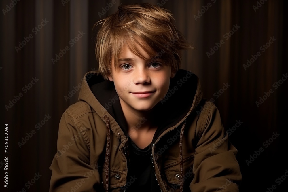 Portrait of a cute boy in a brown jacket on a dark background Portrait of a cute boy in a brown jacket on a dark background