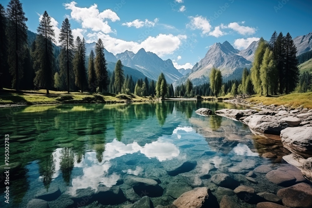 Stunning mountain lake landscape with crystal clear water reflecting the sky