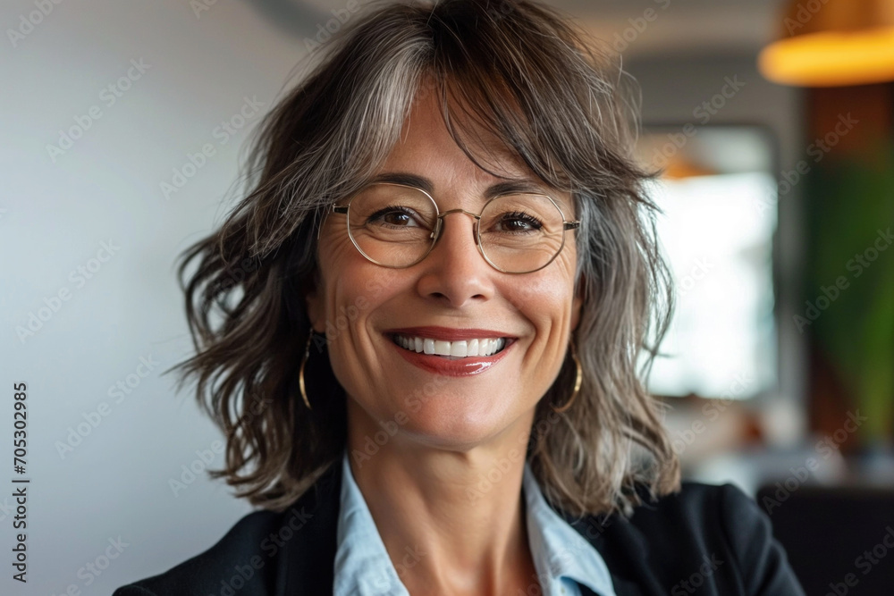 Cheerful Mature Businesswoman with Glasses and a Happy Smile Looking at the Camera Cheerful Mature Businesswoman with Glasses and a Happy Smile Looking at the Camera