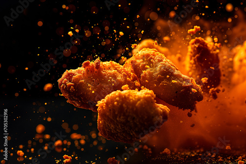 Golden deep fried chicken nuggets with black background exploding in mid air photo