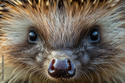 hedgehog's face, extreme close-up, showcasing the complexity of its snout and eyes