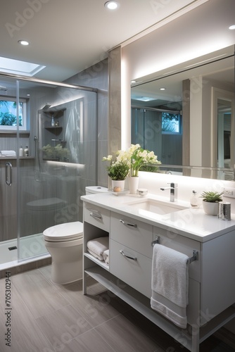 A modern bathroom with a large glass shower and a white vanity