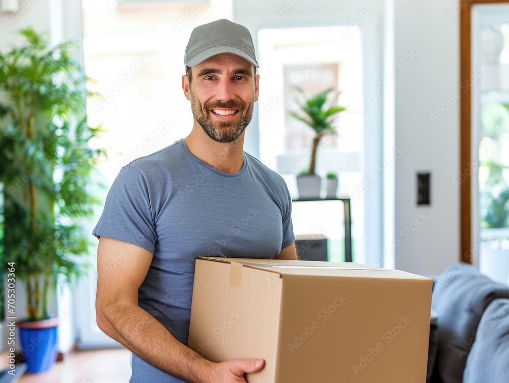 Handsome male delivery man with box in hands in modern home Handsome male delivery man with box in hands in modern home