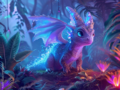 Cute dragon in a fantasy light forest with glowing neon plants