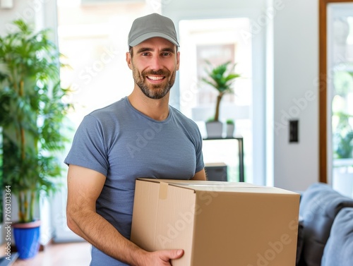 Handsome male delivery man with box in hands in modern home