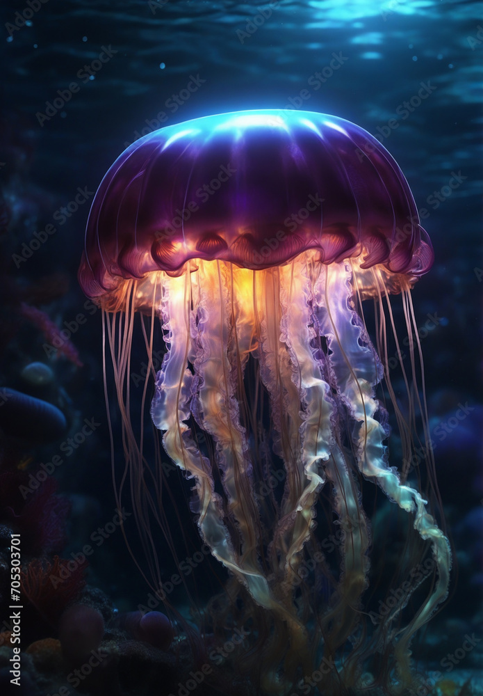 Fototapeta premium a large jellyfish that swims in the depths of the ocean, in its natural environment.