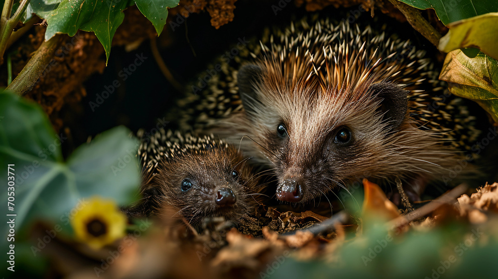 Fototapeta premium mother hedgehog and her babies, nestled under a bush, eyes glowing softly