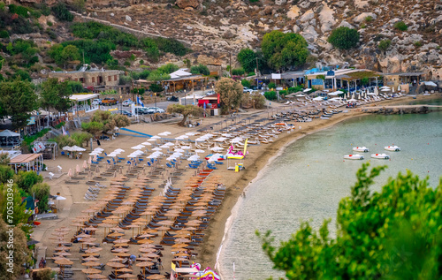 Lindos beach on the island of Rhodes in Greece.