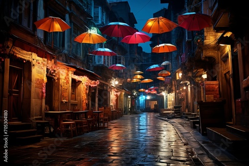 Charming Old Town Street adorned with Vibrant Red Umbrellas  a Popular Tourist Destination