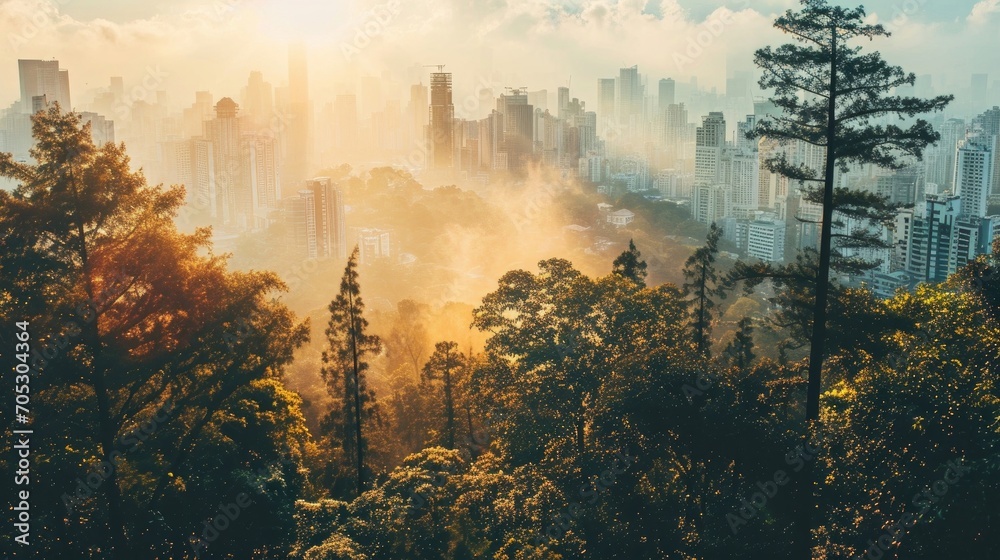 Misty forest with towering trees and a distant city skyline shrouded in fog