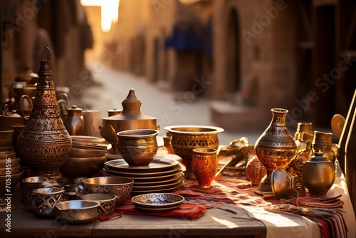 Beautiful Eastern-Style Copper Cookware in a Dish Shop on the Streets of an Arabian City