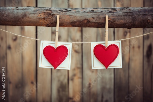 Hanging memories Two photo frames, red heart on clothesline