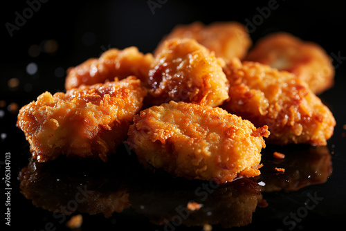 Close up freshly fried boneless chicken nuggets with black background photo