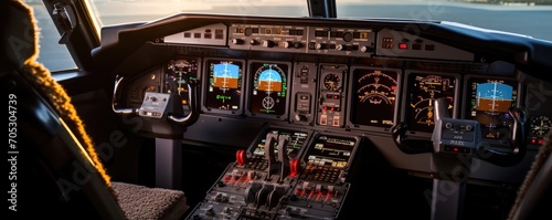 Airline flight pilots deck and controls photo