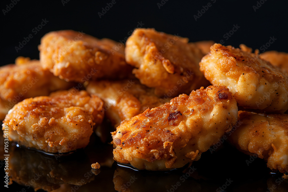 Close up freshly fried boneless chicken nuggets with black background