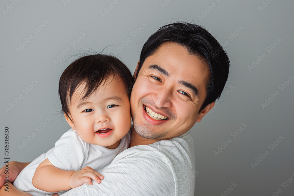 Asian parent and child portrait, cuddling and smiling. Studio shot on gray background. Asian parent and child portrait, cuddling and smiling. Studio shot on gray background.