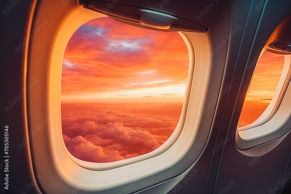 Beautiful sunset, sky on the top view, airplane flying view from inside window and cloud, sun down background aircraft of Traveling.