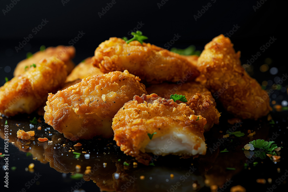 Close up freshly fried boneless chicken nuggets with black background Close up freshly fried boneless chicken nuggets with black background