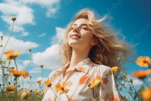 Beautiful woman in the field with flowers, blue sky © VisualProduction