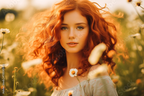 Beautiful young girl with curly red hair in chamomile field. © VisualProduction