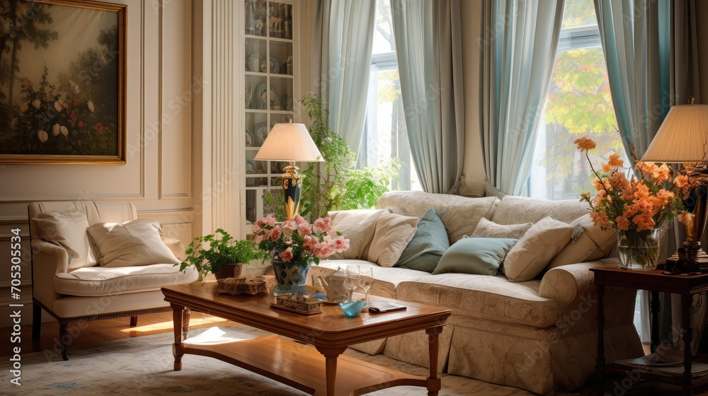 Fototapeta premium Living Room Interior with Beige Curtains, Comfortable Sofas, and a Warm Sunlight Ambiance
