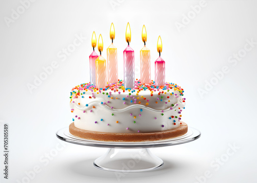 Birthday cake with candles on a tray, isolated on white background.
