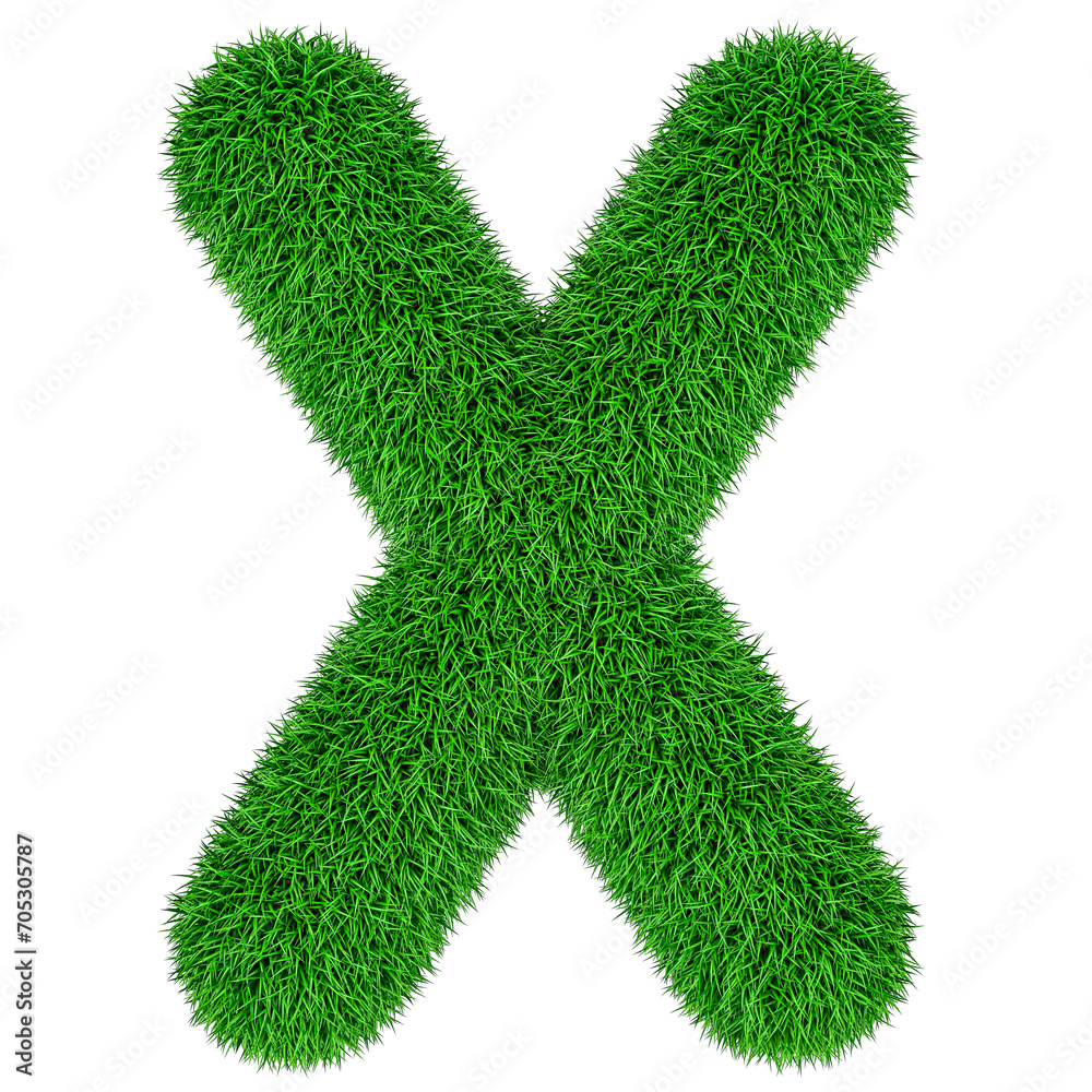 Green grass letter X, 3D rendering isolated on transparent background Green grass letter X, 3D rendering isolated on transparent background