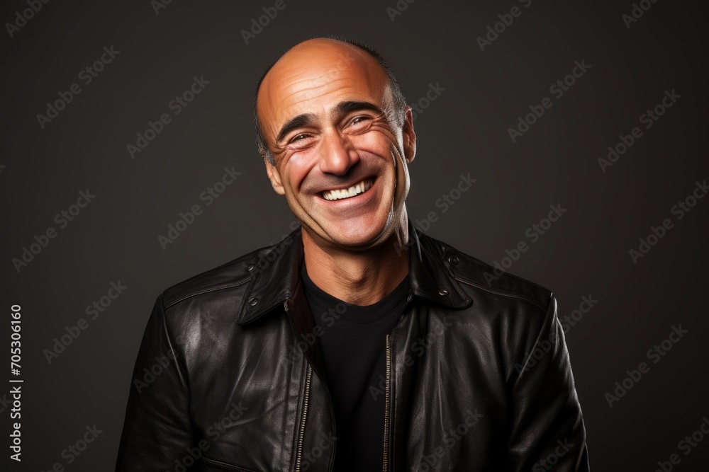 Portrait of a happy mature man in a leather jacket on a dark background.