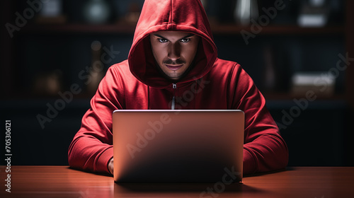 Foto Junger Mann mit rotem Oberteil und Kapuze am Laptop Notebook
