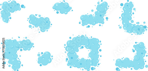 Cartoon soap bubble frame, blue foam border, shower suds, laundry background, wash shampoo, shower bath, water soda, air icon isolated on white background. Fun abstract vector illustration