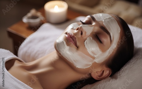 Relaxed woman enjoying a luxurious cream face mask treatment
