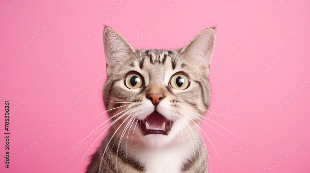 cat with funny face on pink background