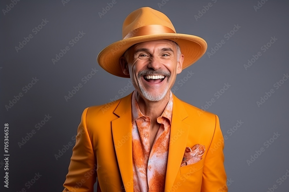 Cheerful senior man in orange suit and hat. Studio shot. Cheerful senior man in orange suit and hat. Studio shot.