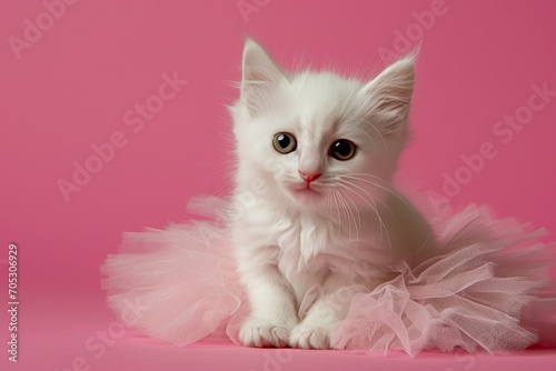 White kitten wearing a pink tutu skirt on plain background
