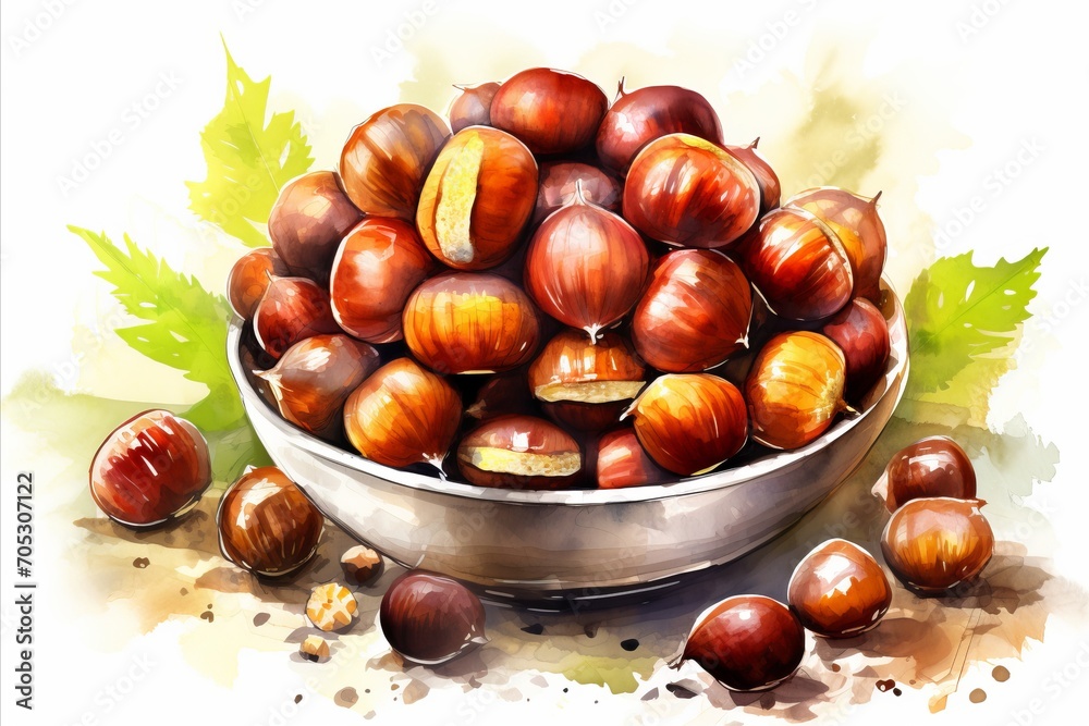 Close-Up View of Ripe and Delicious Edible Chestnuts. Husked Perfect for Autumn Recipes. Water Color Drawing Close-Up View of Ripe and Delicious Edible Chestnuts. Husked Perfect for Autumn Recipes. Water Color Drawing