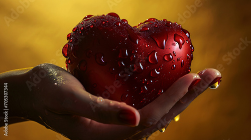 A woman's hand holds a red heart with water drops. Concept of finished love, broken heart, love depression photo