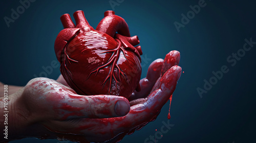 A man's hand holds a real bleeding human heart. Concept of finished love, broken heart, love depression