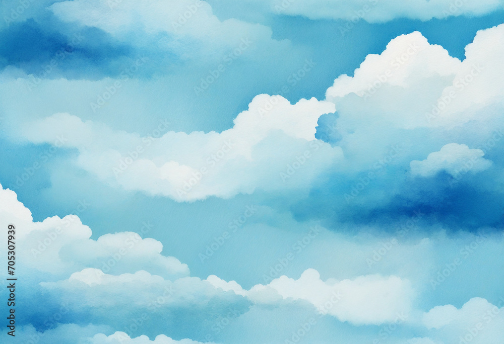 Sky blue watercolor backdrop with fluffy white clouds. Sky blue watercolor backdrop with fluffy white clouds.