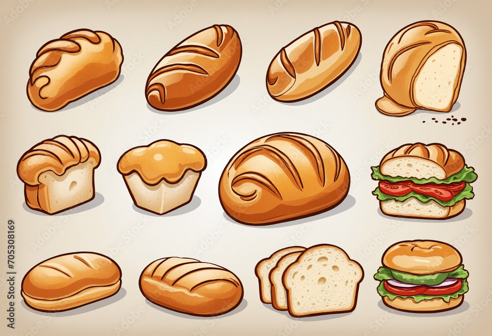 Hand-drawn pop-style bread icon illustrations - set of 10 Hand-drawn pop-style bread icon illustrations - set of 10